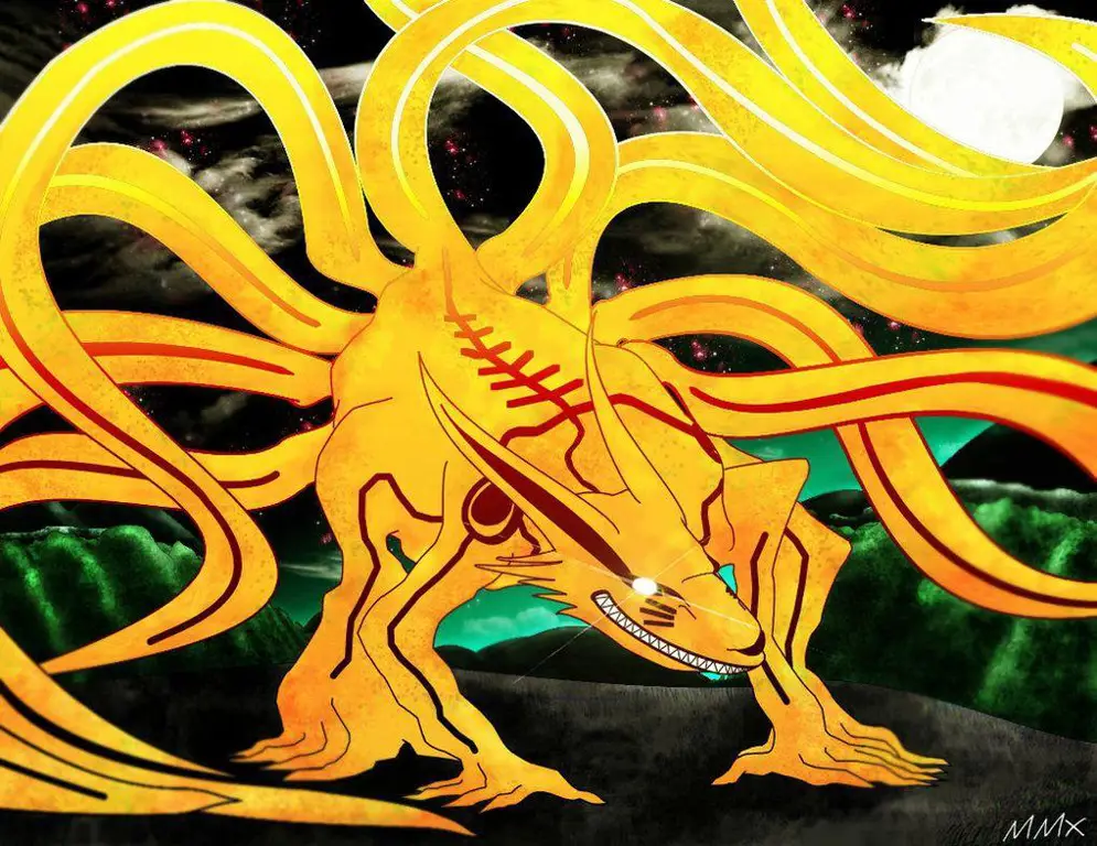 Naruto dalam mode Kyubi penuh dengan chakra merah menyala