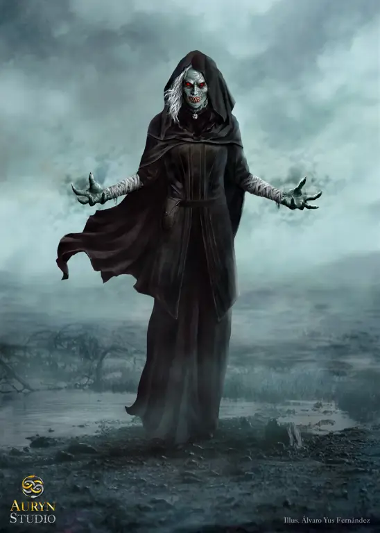 Ilustrasi seorang Necromancer dalam dunia fantasi