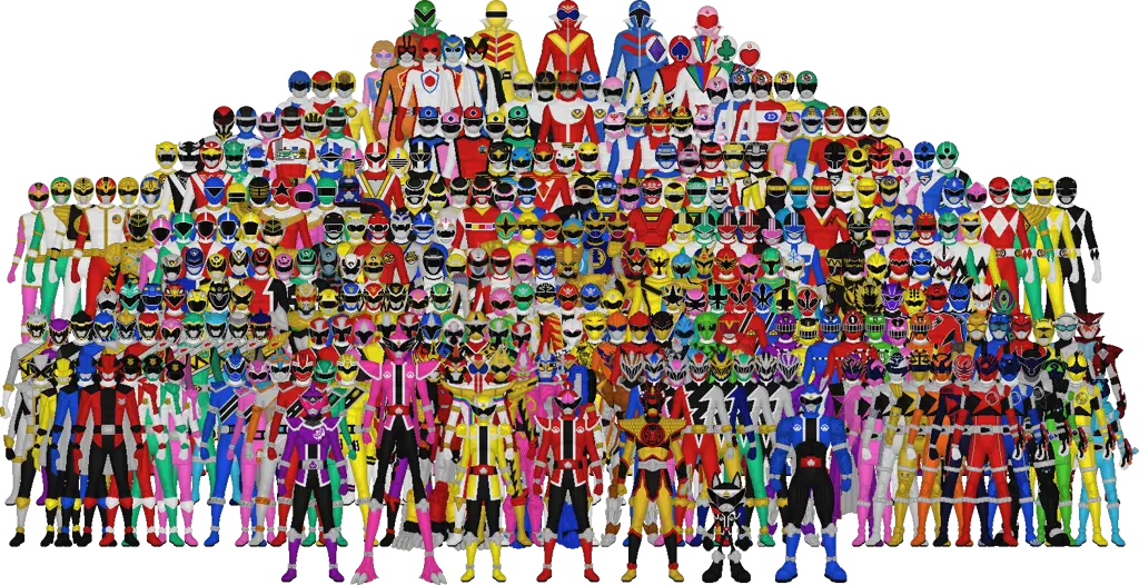 Para karakter Super Sentai dengan kostum berwarna-warni