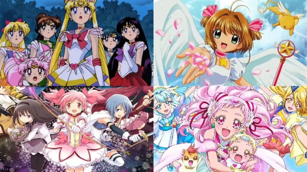 Tiga gadis anime dengan kostum magical girl saling berpegangan tangan