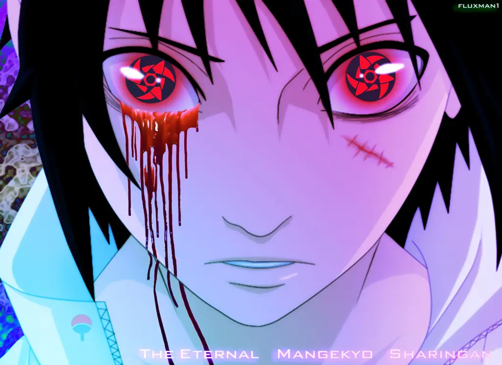 Gambar close-up Sharingan Sasuke yang menunjukkan kekuatannya