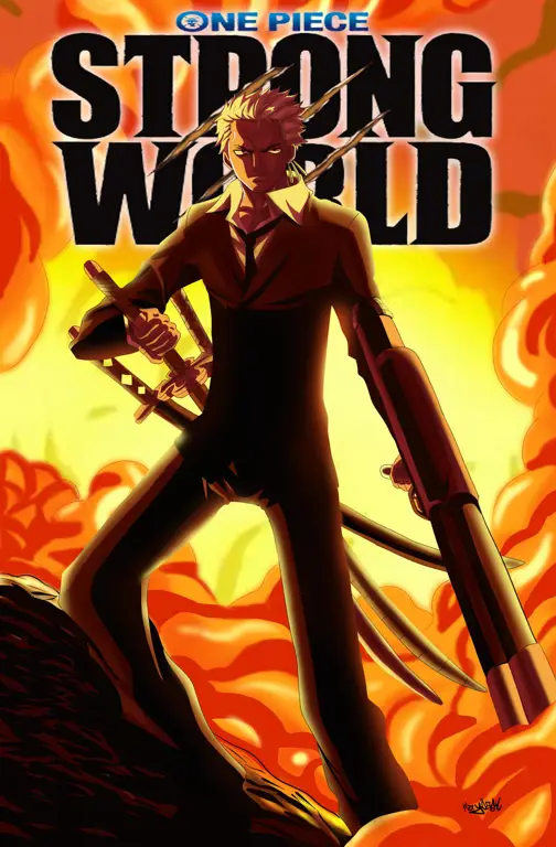 Zoro dalam film Strong World, menampilkan kekuatan dan kemampuan pedangnya