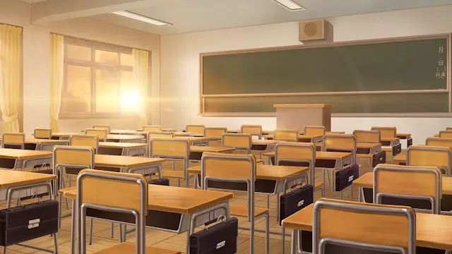 Gambar kelas sekolah anime yang nyaman dan penuh warna