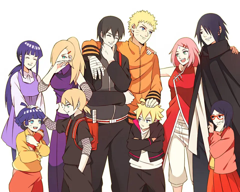 Gambar keluarga Naruto dan Sasuke beserta anak-anak mereka