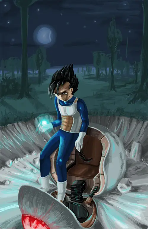 Gambar keluarga Vegeta, termasuk Bulma, Trunks, dan Goten