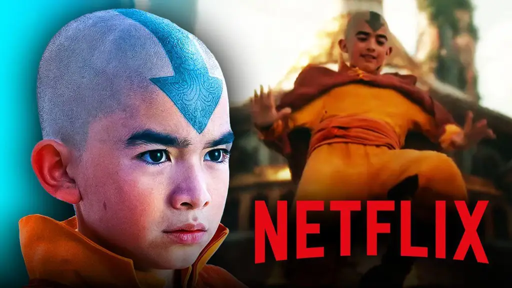 Avatar Aang sedang terbang menggunakan glidernya