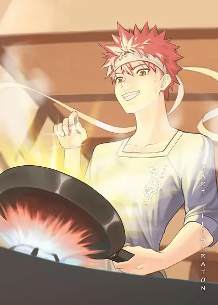 Gambar Soma Yukihira sedang memasak dengan ekspresi serius