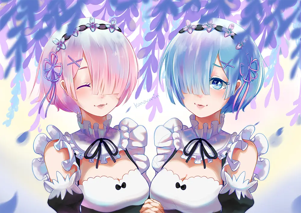 Gambar Rem dan Ram, dua karakter populer dari Re:Zero