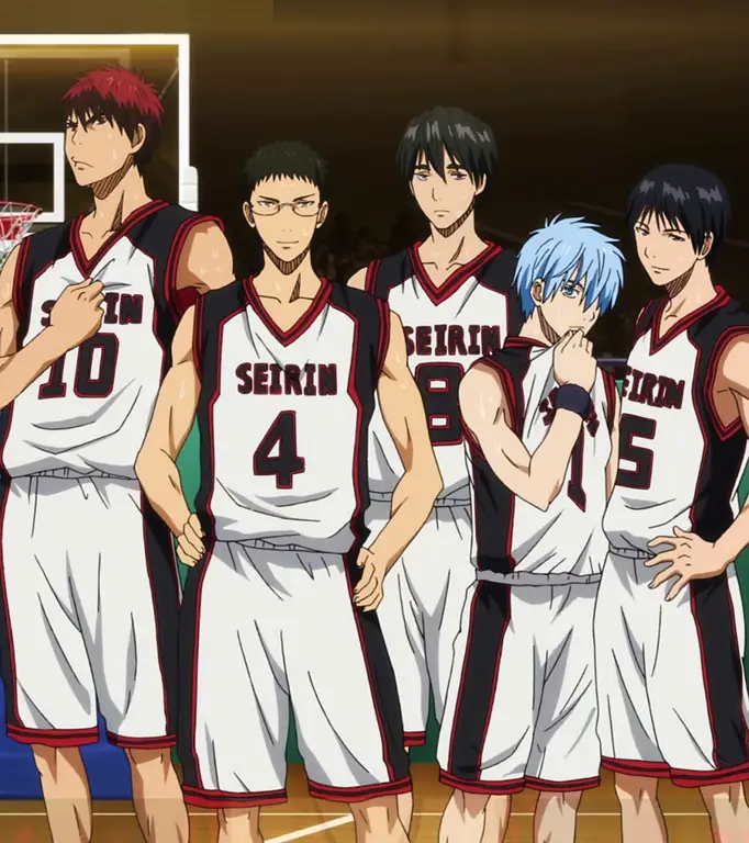 Tim basket Seirin High merayakan kemenangan dalam anime Kuroko no Basuke