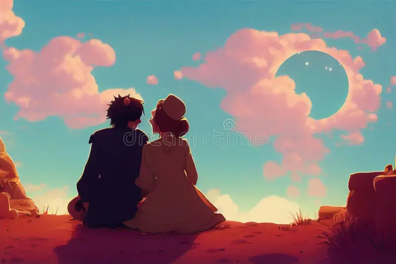 Kemesraan dalam Pose Duduk Berdampingan Pasangan anime duduk berdekatan, saling menatap dengan mesra.