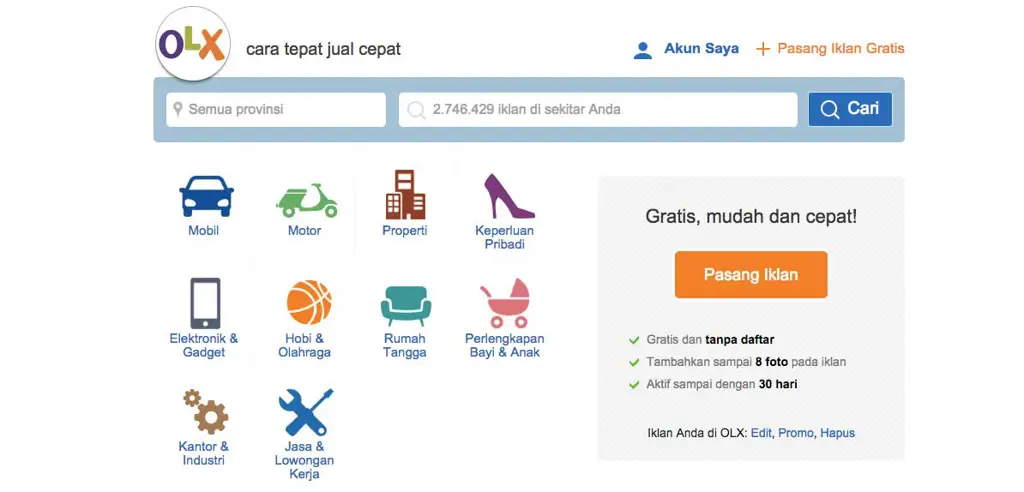 Antarmuka OLX Indonesia yang mudah digunakan