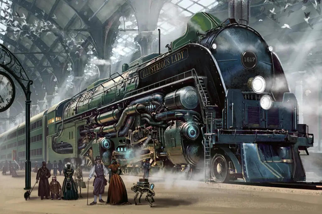 Ilustrasi kereta api bergaya steampunk dengan detail rumit