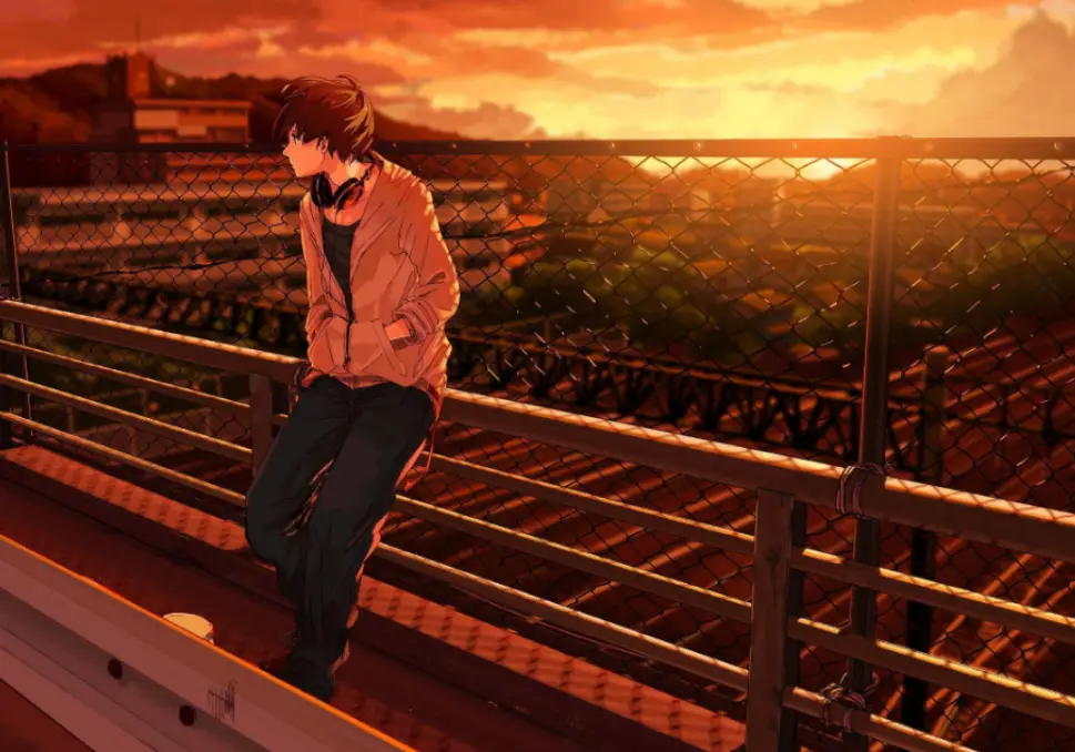 Kerinduan yang Mendalam Gambar seorang laki-laki anime yang tampak melamun, menatap ke kejauhan dengan tatapan kosong.