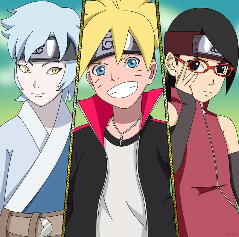 Boruto, Sarada, dan Mitsuki bekerja sama sebagai tim