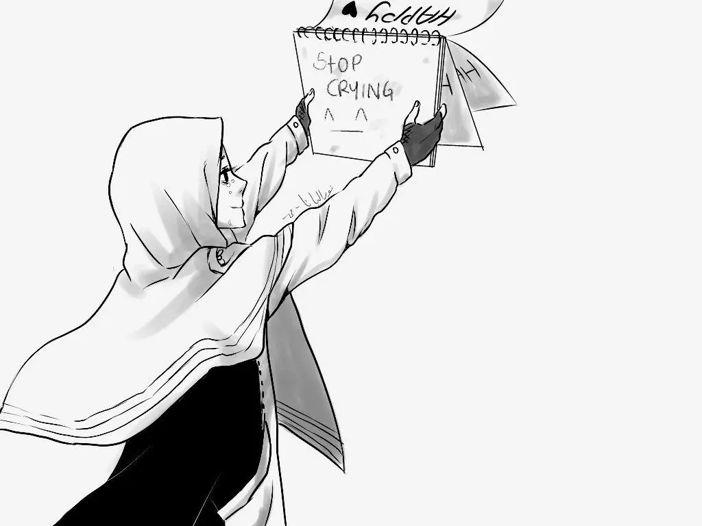 Gambar anime wanita berhijab dengan ekspresi sedih