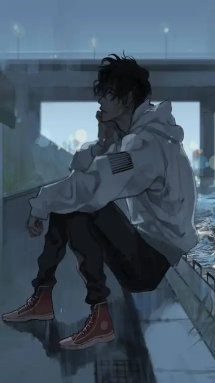 Kesedihan Terpancar dari Wajahnya Gambar seorang karakter anime laki-laki yang terlihat sedih