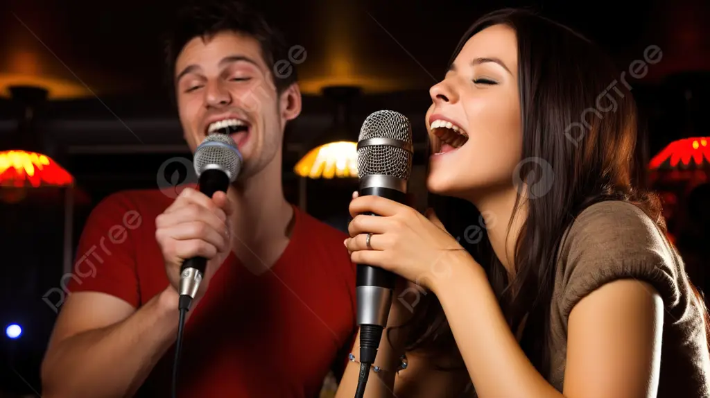 Orang-orang sedang bernyanyi karaoke dengan gembira