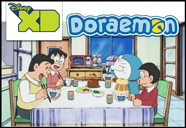 Doraemon menonton televisi dengan teman-temannya