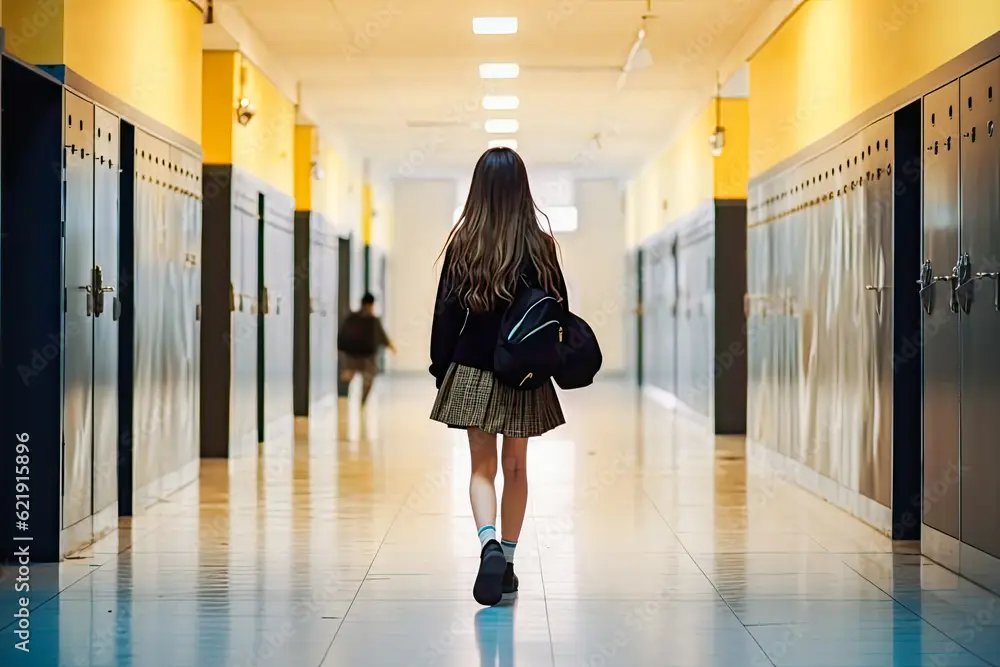 Gambar lorong sekolah yang sepi, dengan seorang siswa berjalan sendirian