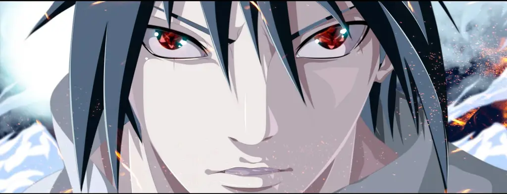 Gambar close up Sasuke Uchiha dengan Sharingan-nya