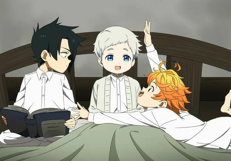 Emma, Norman, dan Ray, tiga tokoh utama Yakusoku no Neverland