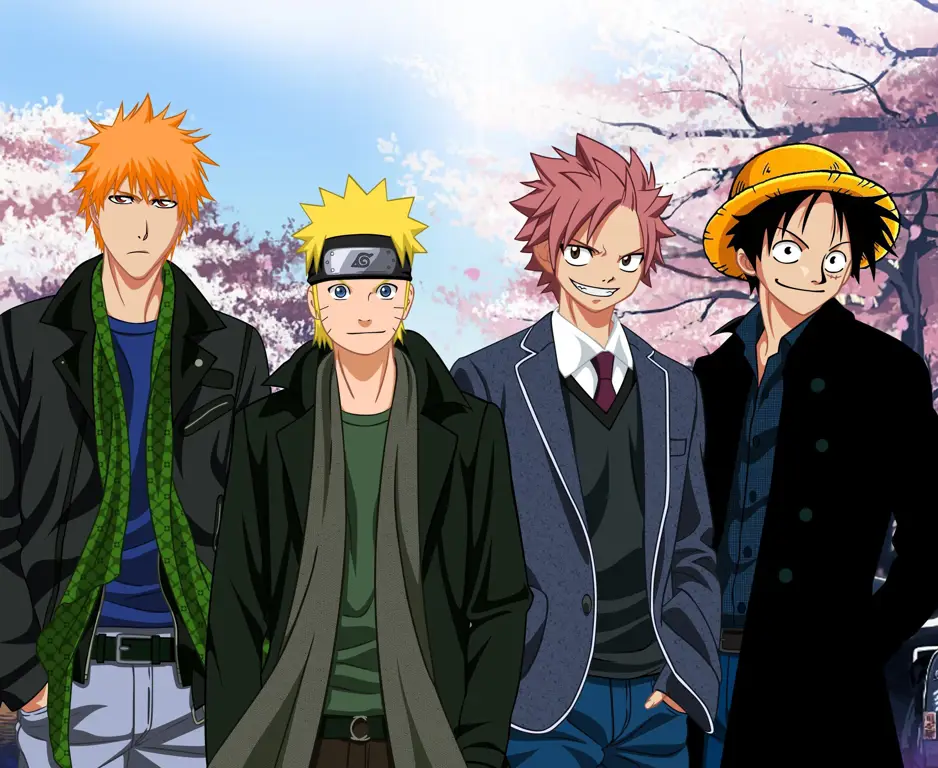 Ketiga anime yang termasuk dalam Big 3 Gambar yang menampilkan poster dari ketiga anime: One Piece, Naruto, dan Bleach.