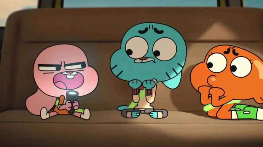 Gambar Gumball, Darwin, dan Anais dalam sebuah adegan lucu