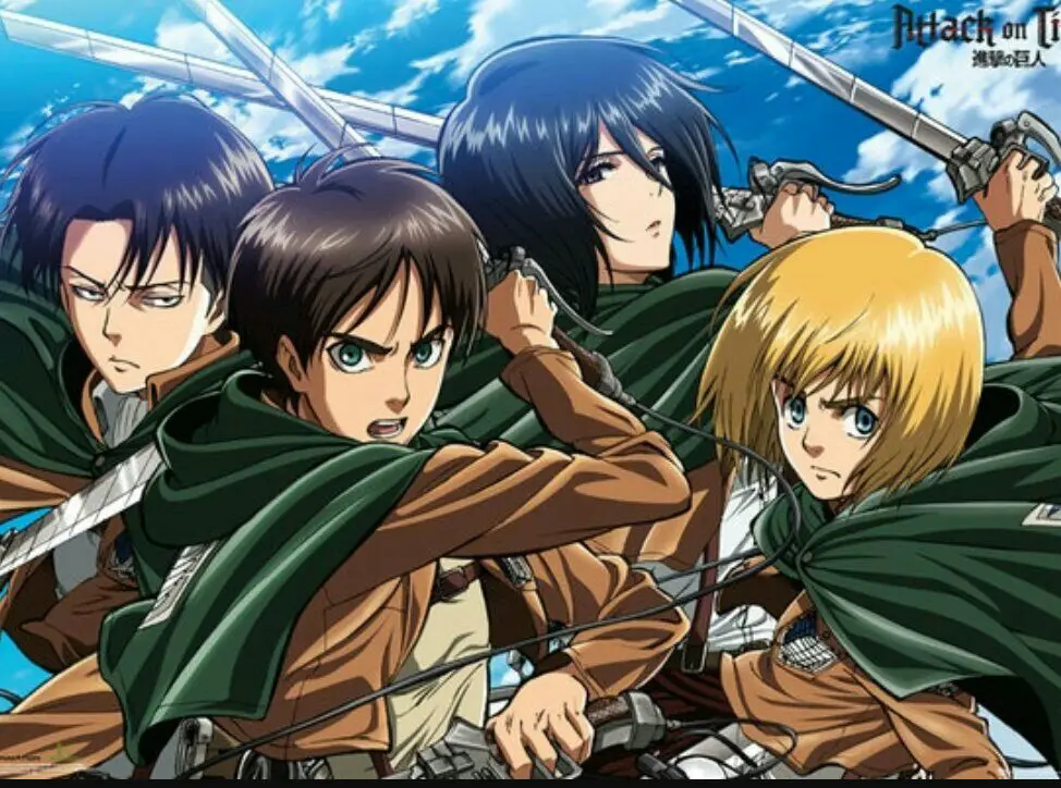 Eren, Mikasa, dan Armin di episode pertama Attack on Titan