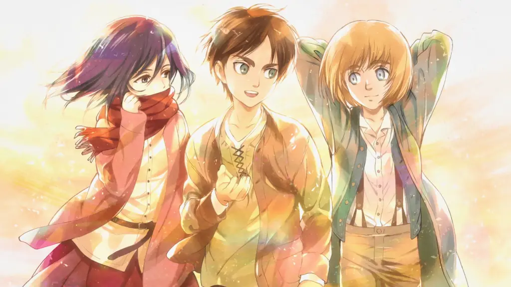 Gambar Eren, Mikasa, dan Armin di Attack on Titan Season 1