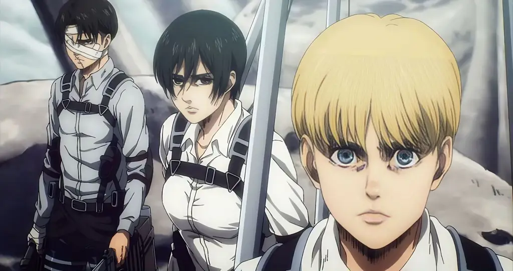 Gambar Eren, Mikasa, dan Armin di Attack on Titan season 1