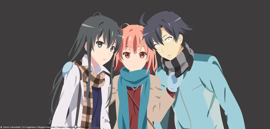 Hikigaya Hachiman bersama Yukino dan Yui dalam anime