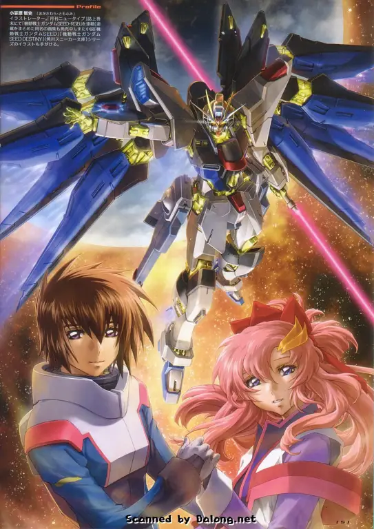 Gambar Kira Yamato dan Lacus Clyne, dua karakter utama dalam Gundam SEED Destiny.