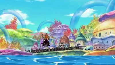 Ilustrasi klimaks dari arc Pulau Manusia Ikan dalam One Piece.