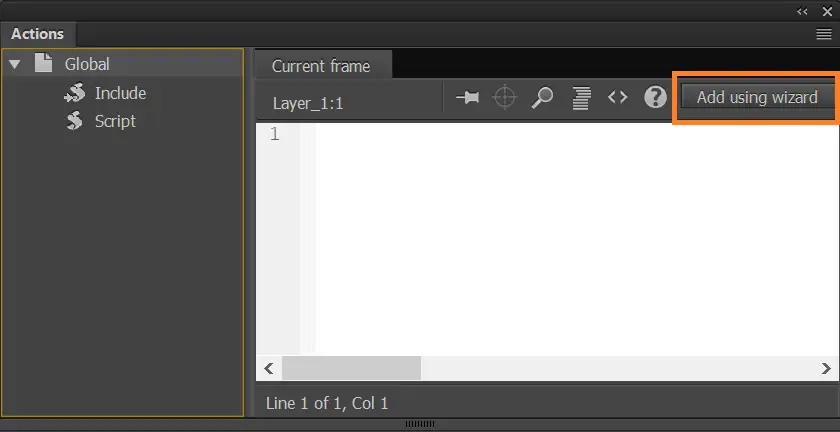 Contoh kode Action Script untuk tombol Adobe Animate