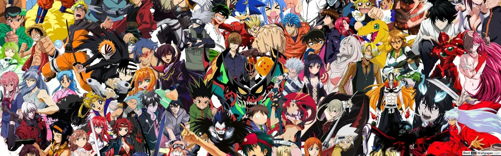 Kolaborasi karakter anime dalam Anime Volly Gambar berbagai karakter anime dari serial berbeda dalam satu adegan