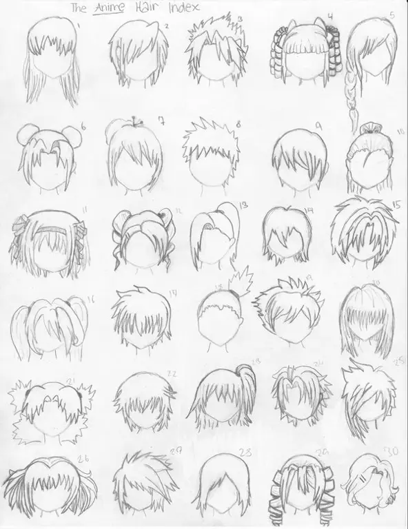 Berbagai gaya rambut anime perempuan dalam bentuk sketsa