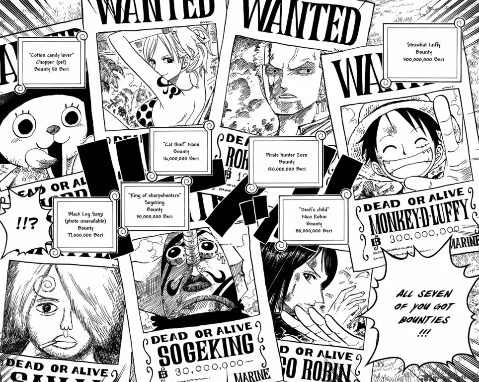 Gambar anime One Piece hitam putih dengan berbagai karakter