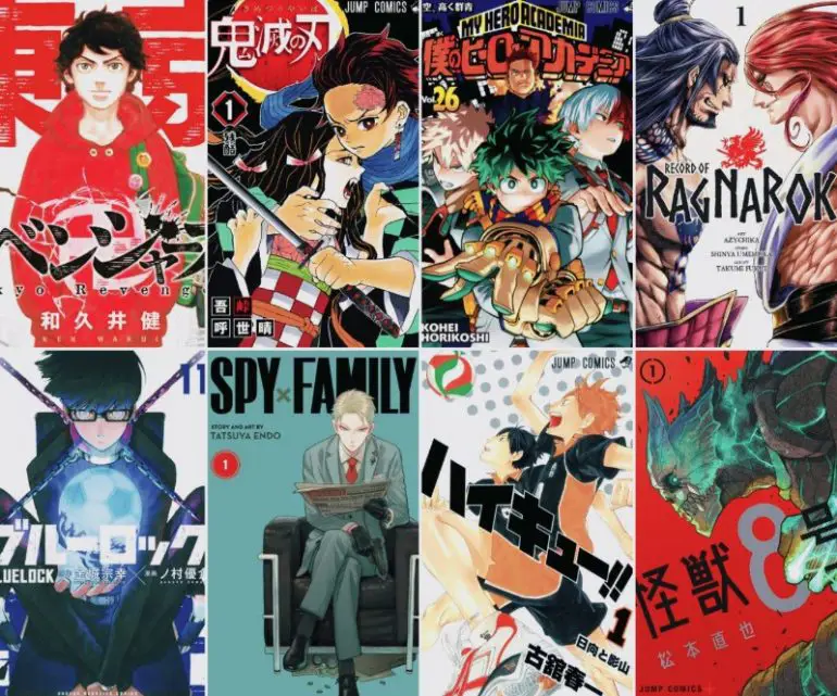 Berbagai buku manga dengan genre dan judul yang berbeda