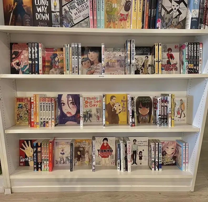 Berbagai buku manga di rak