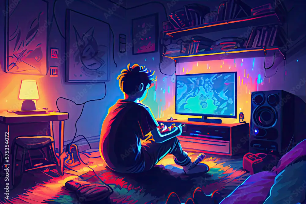 Gambar anime gamers laki-laki keren sedang bermain video game dengan konsentrasi tinggi