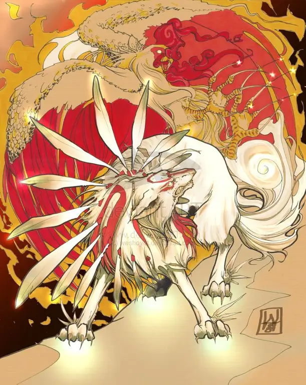 Konsep seni Okami Amaterasu untuk anime