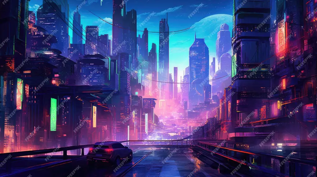 Ilustrasi kota cyberpunk yang diterangi lampu neon