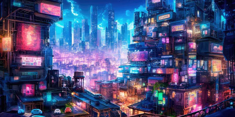 Pemandangan kota cyberpunk di anime