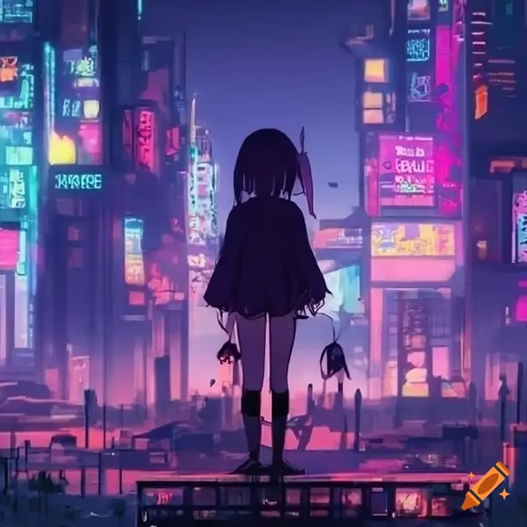 Pemandangan kota cyberpunk dalam anime