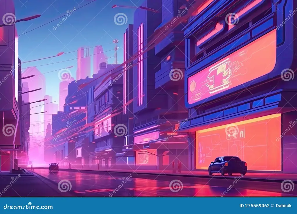 Gambar kota futuristik dengan lampu-lampu neon yang terang benderang