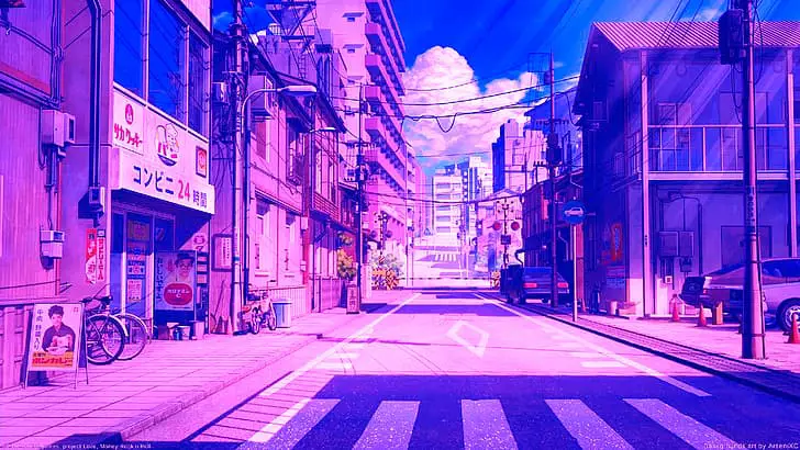 Ilustrasi pemandangan kota dengan gaya pop art anime yang dinamis