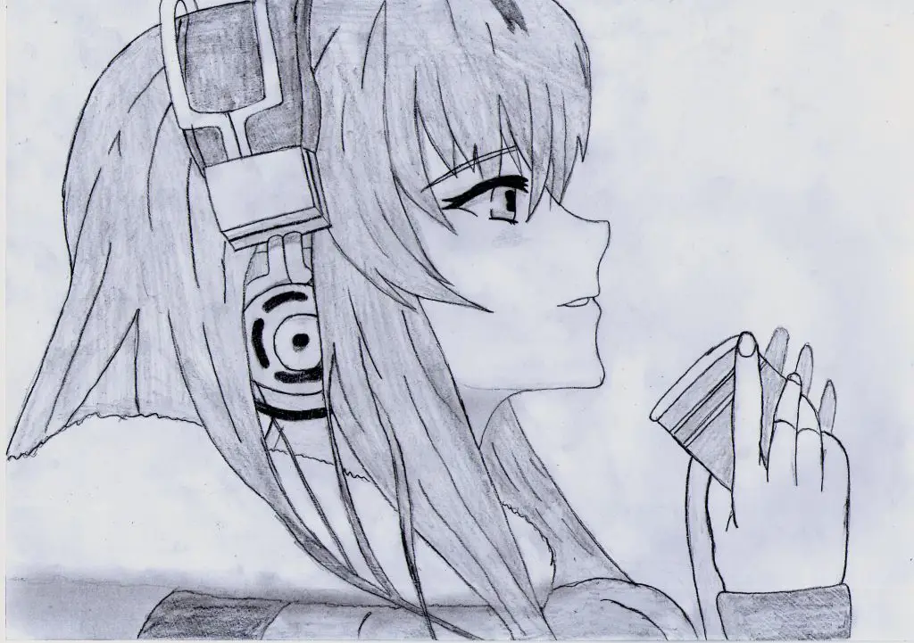 Gambar gadis anime sedang menggambar sambil menggunakan headphone besar