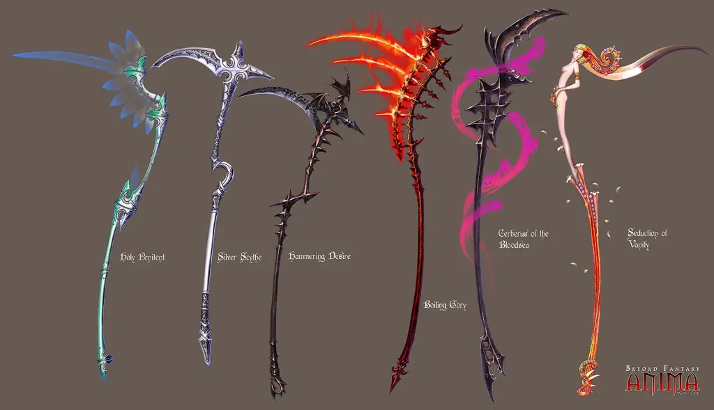 Berbagai variasi desain senjata sabit dalam anime, dari bentuk hingga ukuran dan detail.