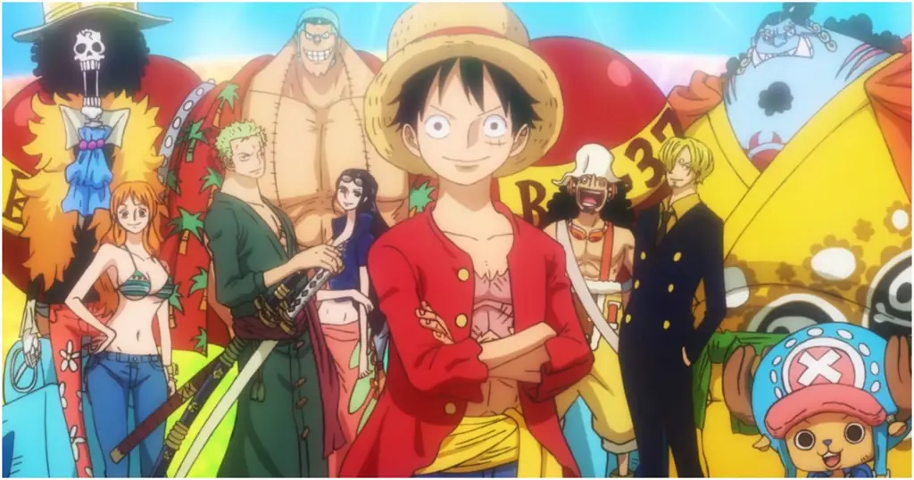 Gambar Monkey D Luffy dan kru Topi Jerami sedang berlayar di kapal Thousand Sunny