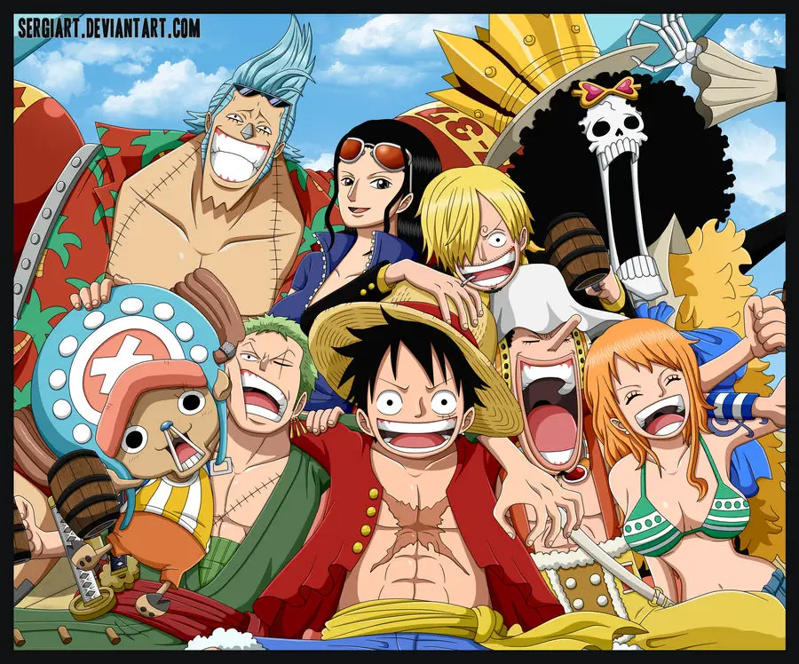 Gambar Luffy dan kru Topi Jerami sedang merayakan kemenangan.